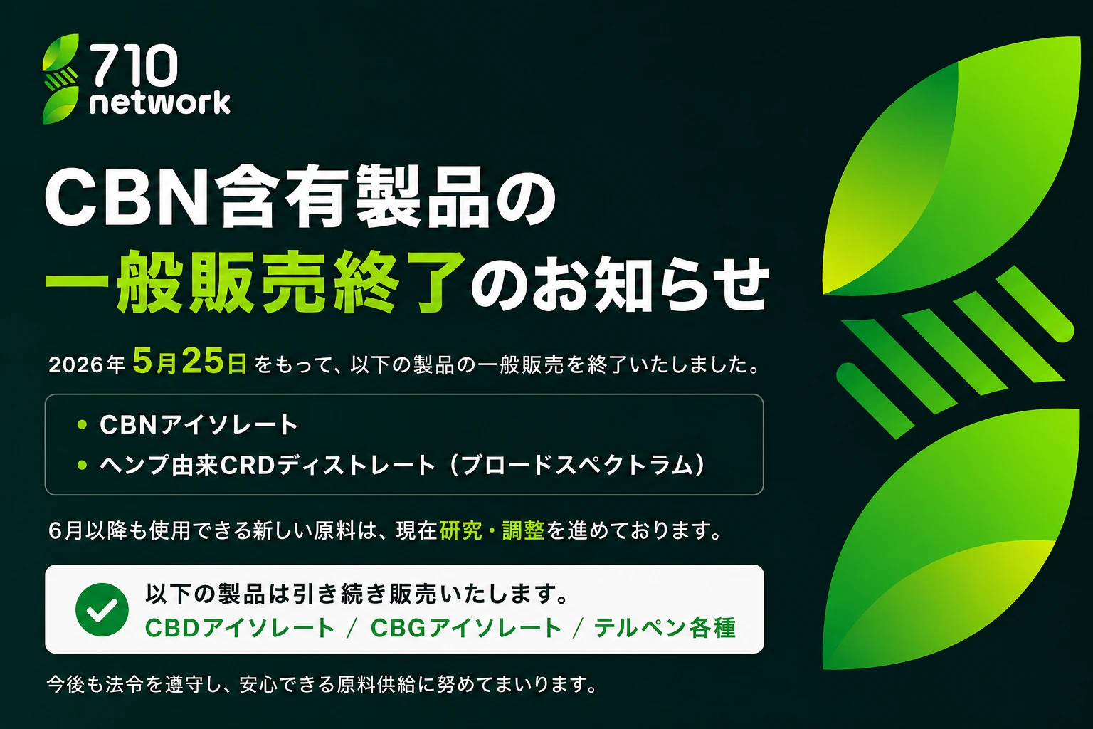 CBNアイソレートとCRDディストレートの一般販売終了を案内する710 Networkのお知らせ画像