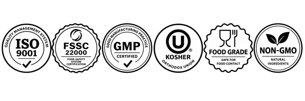 Eybnaの品質認証マーク一覧（ISO 9001、FSSC 22000、GMP、OU Kosher、Food Grade、Non-GMO）