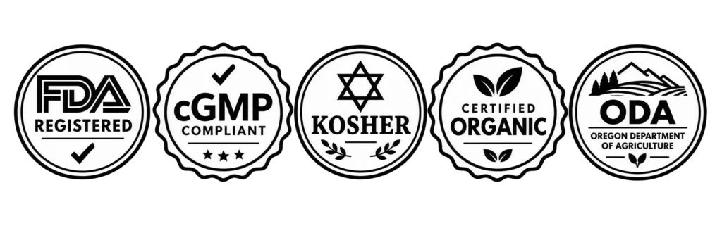 Laurelcrestの品質認証マーク一覧（FDA登録、cGMP準拠、Kosher、Organic認証、ODA）