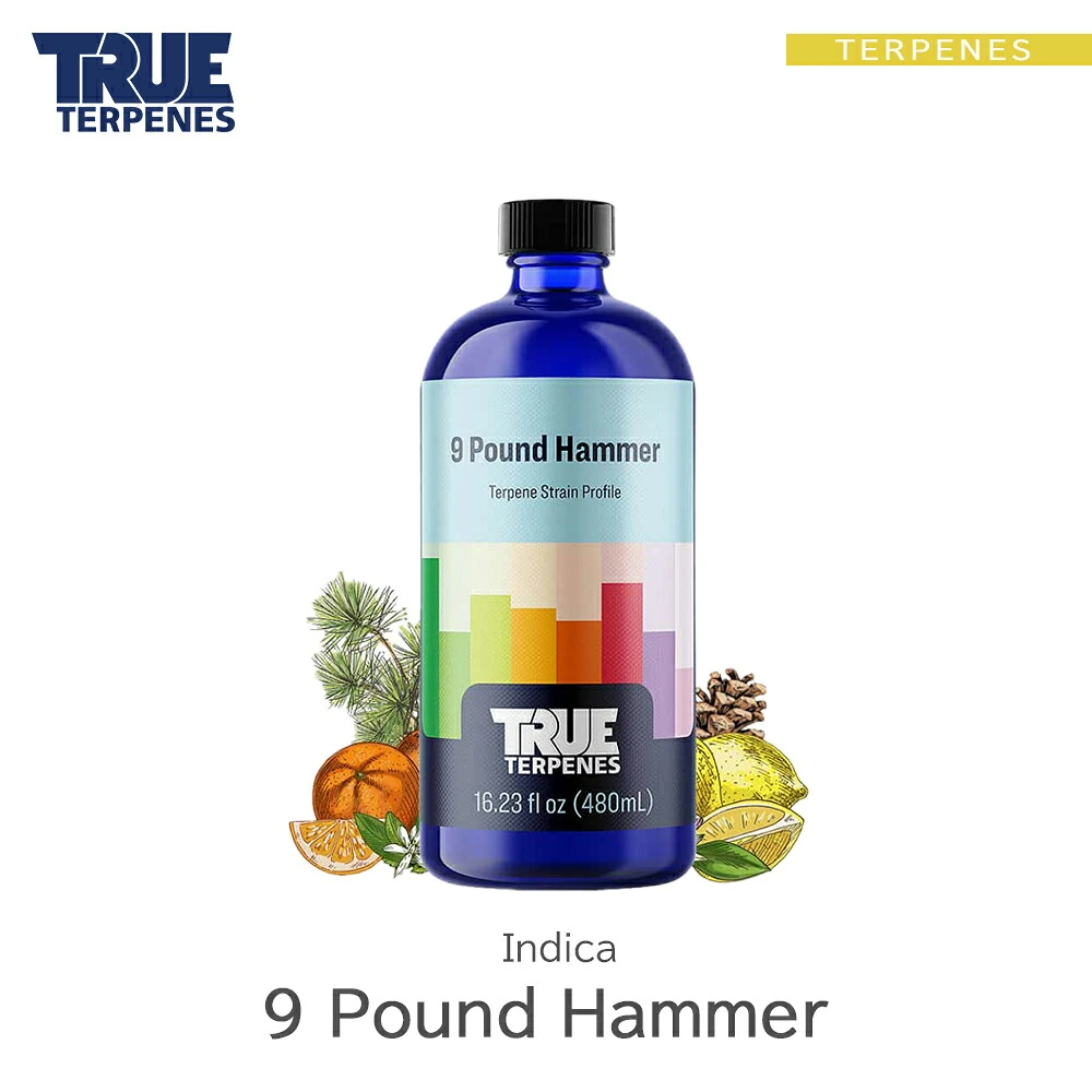 true-terpenes-ttc-9lbhammer-1.webp TRUE TERPENES 9 Pound Hammer(ナインパウンドハンマー)Classic Strains テルペンのボトルと商品名