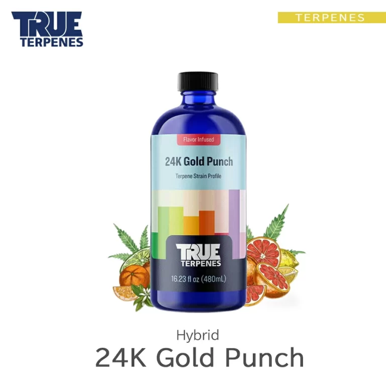 TRUE TERPENES 24k Gold Punch（24Kゴールドパンチ）Flavor Infused Strains テルペンのボトルと商品名