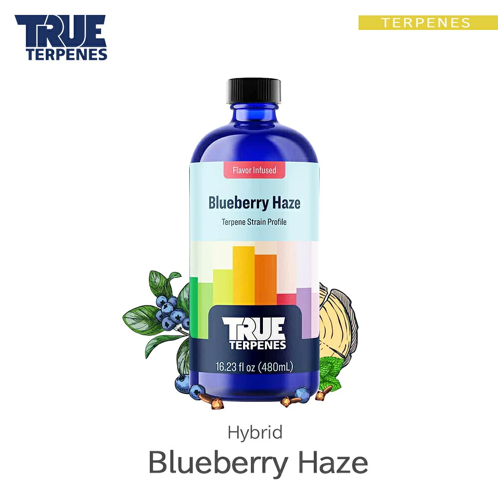 true-terpenes-ttf-blueberryhaze-1.webp TRUE TERPENES Blueberry Haze(ブルーベリーヘイズ)Flavor Infused Strains テルペンのボトルと商品名
