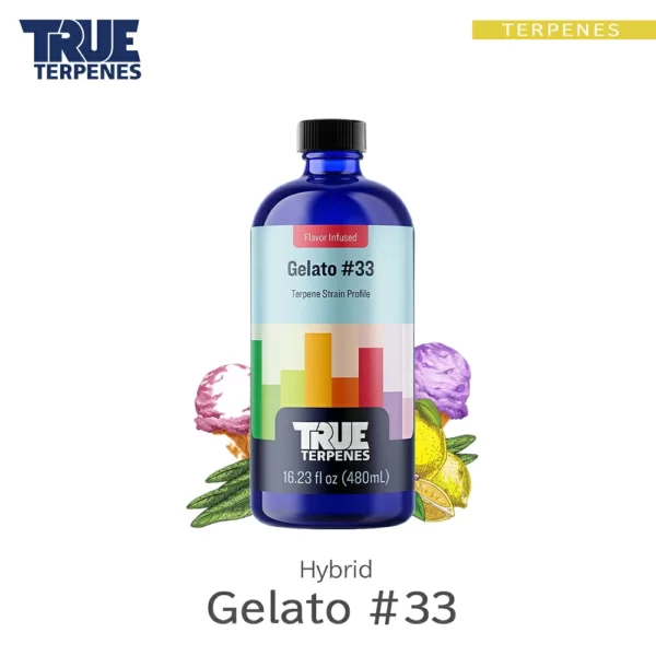 TRUE TERPENES Gelato #33（ジェラート33）Flavor Infused Strains テルペンのボトルと商品名