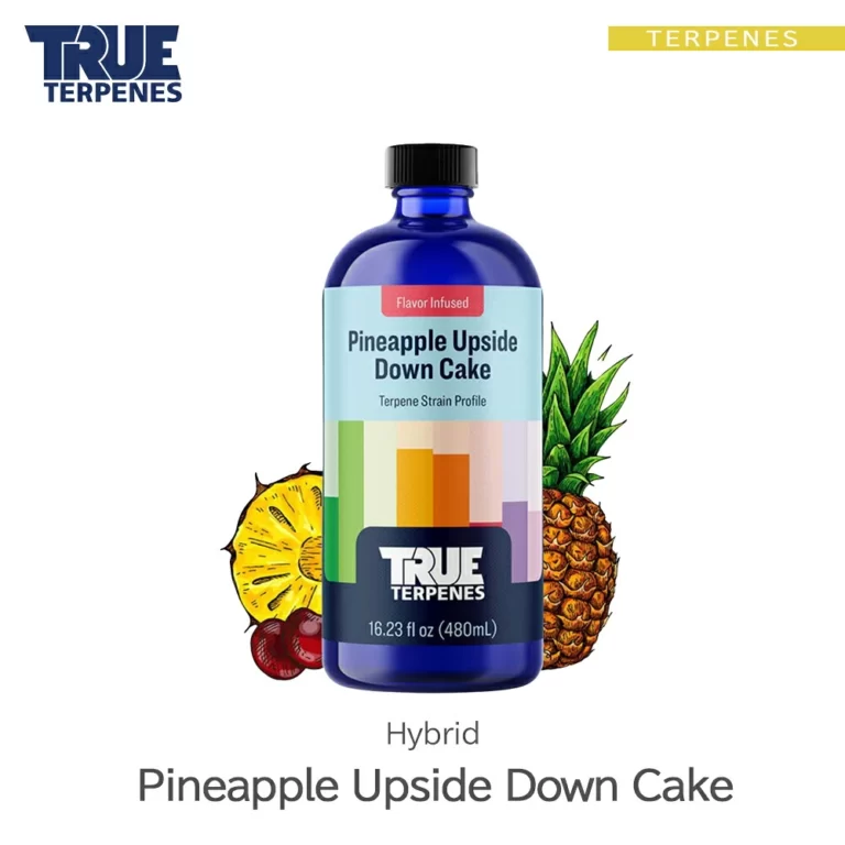 TRUE TERPENES Pineapple Upside Down Cake（パイナップルアップサイドダウンケーキ）Flavor Infused Strains テルペンのボトルと商品名