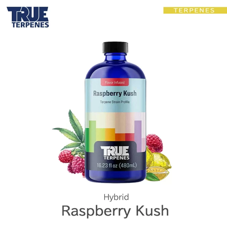 TRUE TERPENES Raspberry Kush（ラズベリークッシュ）Flavor Infused Strains テルペンのボトルと商品名