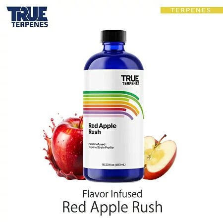 TRUE TERPENES Red Apple Rush（レッドアップルラッシュ）Flavor Infused Strains テルペンのボトルと商品名