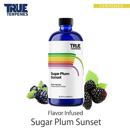 TRUE TERPENES Sugar Plum Sunset（シュガープラムサンセット）Flavor Infused Strains テルペンのボトルと商品名