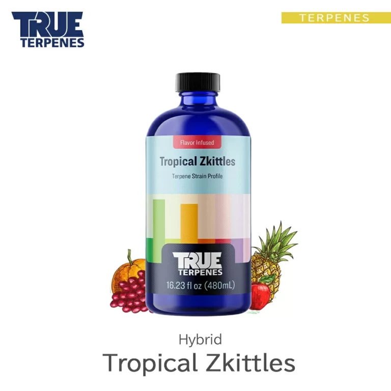 TRUE TERPENES Tropical Zkittles（トロピカルズキットルズ）Flavor Infused Strains テルペンのボトルと商品名