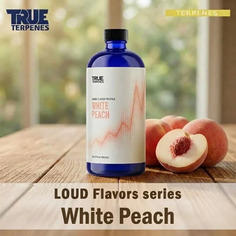 TRUE TERPENES White Peach（ホワイトピーチ）LOUD Flavors テルペンのボトルと商品名